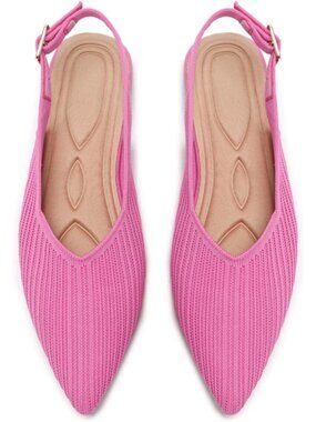 Women's Pink Pointed Toe Knit Ballet Flats with Adjustable Ankle Strap Shoes